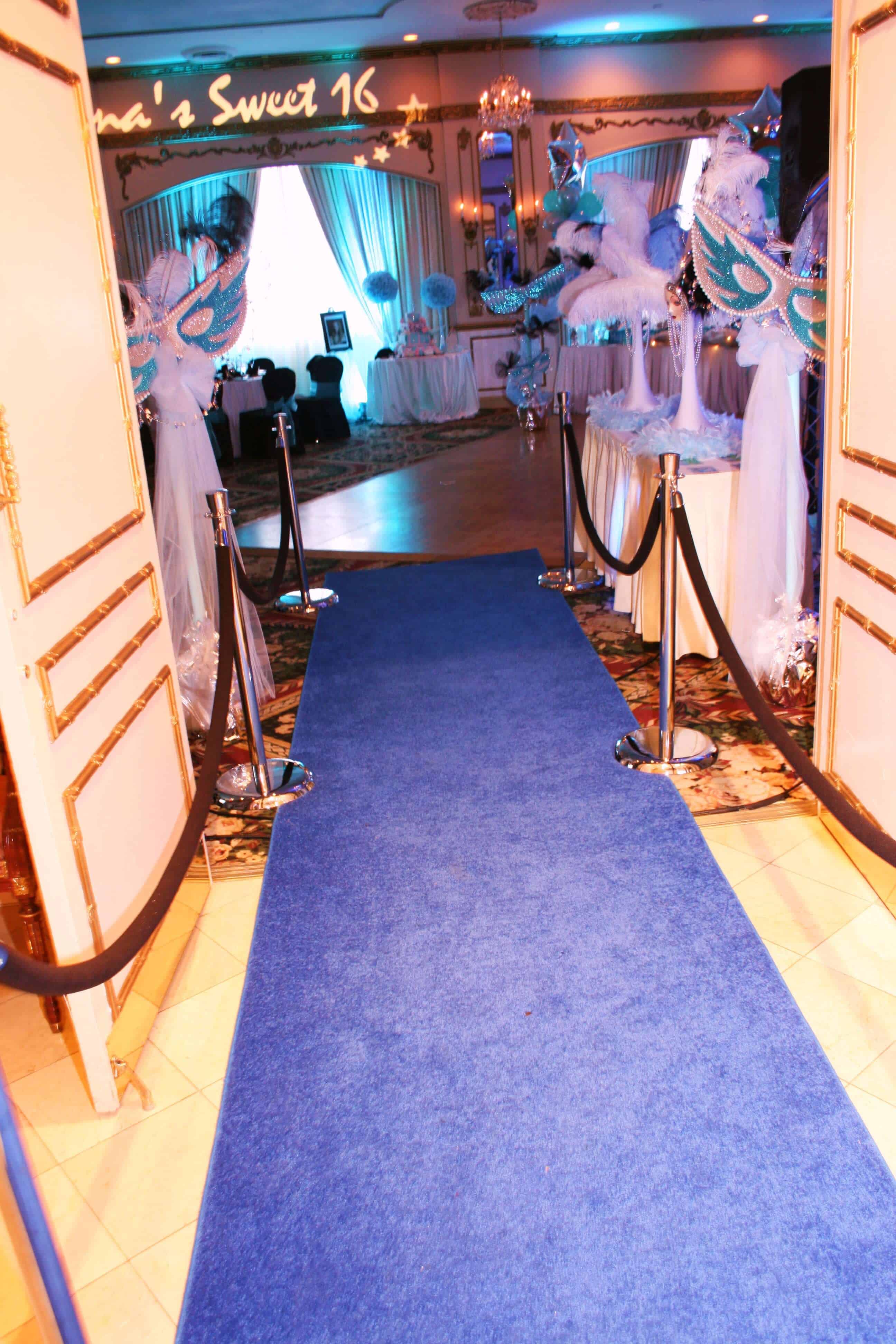 blue carpet entrance long island red stanchion rope