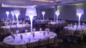 lampshade style party centerpieces in purple glow